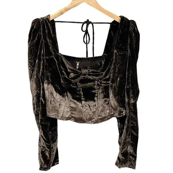 New Free People Bridgette Long Sleeve Velvet Top $128 X-SMALL Brown Corset Insp - Picture 4 of 6